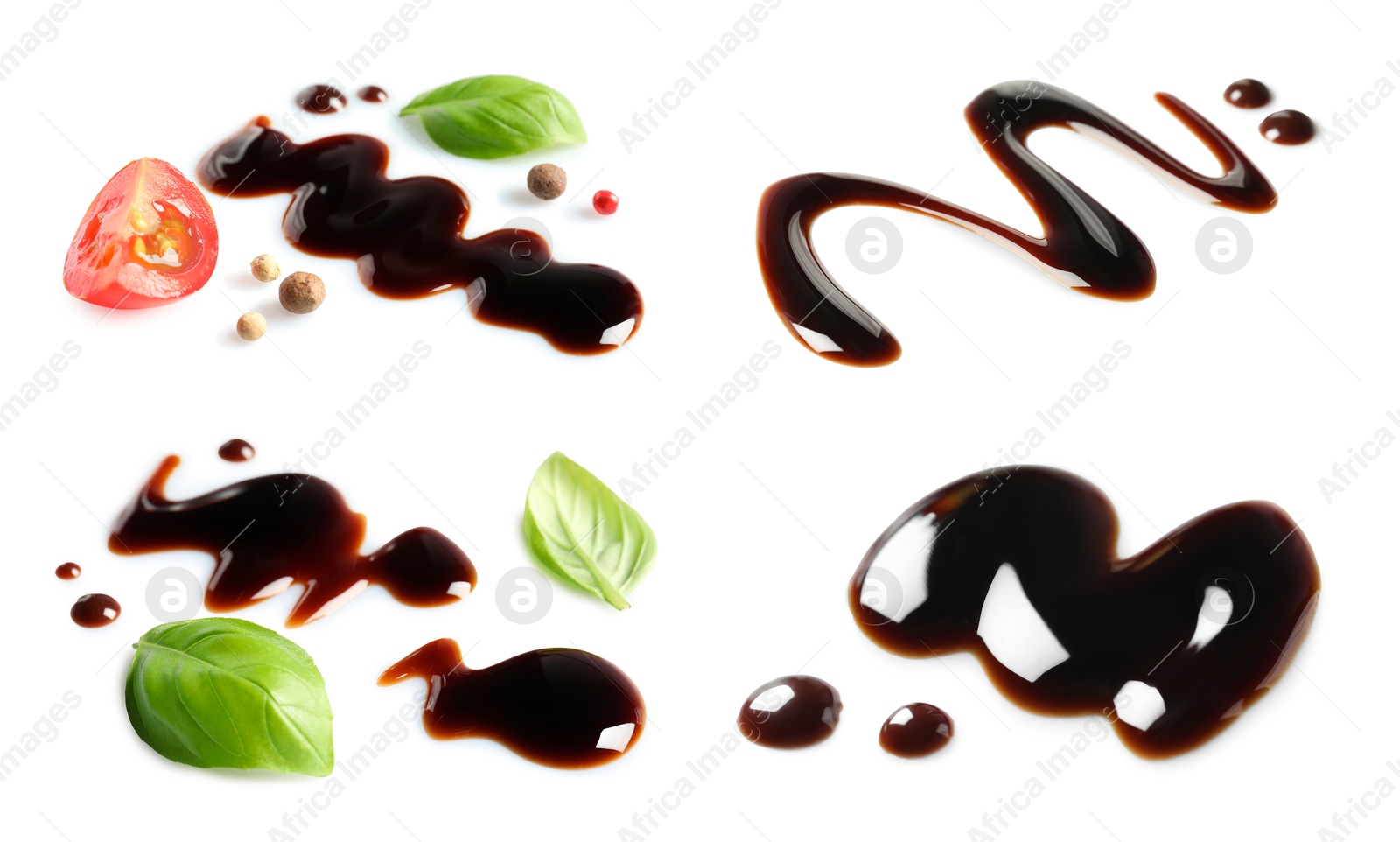 Image of Tasty balsamic vinegar on white background, set