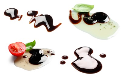 Image of Tasty balsamic vinegar on white background, set