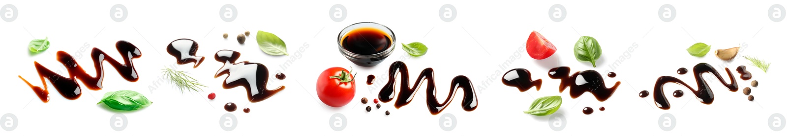 Image of Tasty balsamic vinegar on white background, set