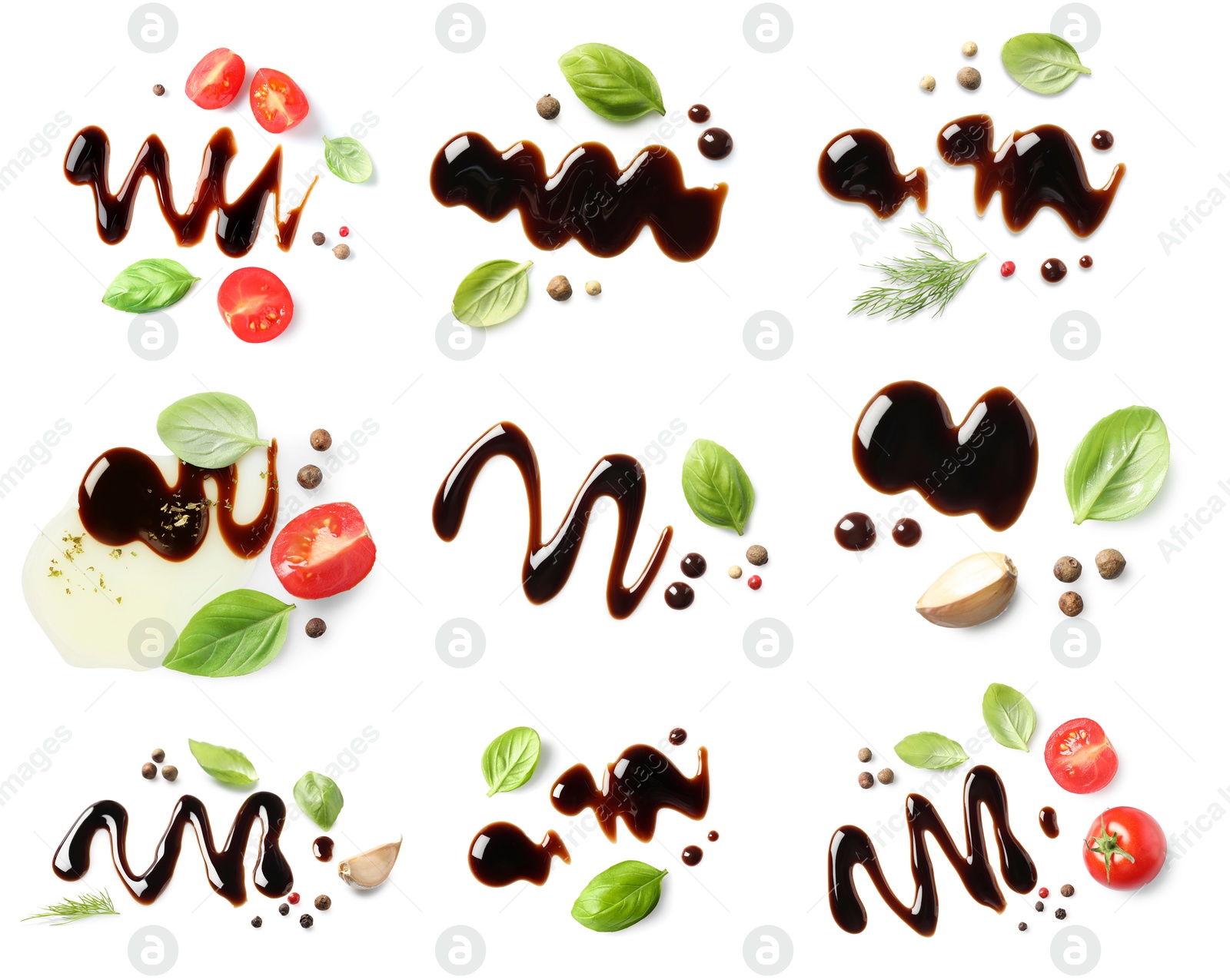 Image of Tasty balsamic vinegar, tomatoes, garlic and basil leaves on white background, top view