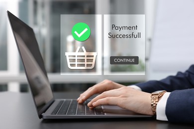 Image of Online payment system interface over computer. Woman working on laptop at desk in office, closeup