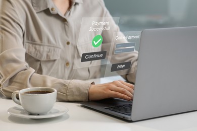 Image of Online payment system interface over computer. Woman working on laptop at table, closeup