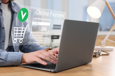 Image of Online payment system interface over computer. Man working on laptop at desk in office, closeup