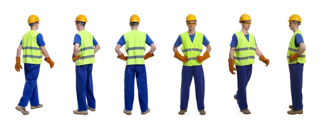 Image of Man in workwear on white background, collage of photos