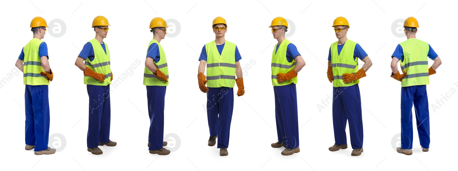 Image of Man in workwear on white background, collage of photos