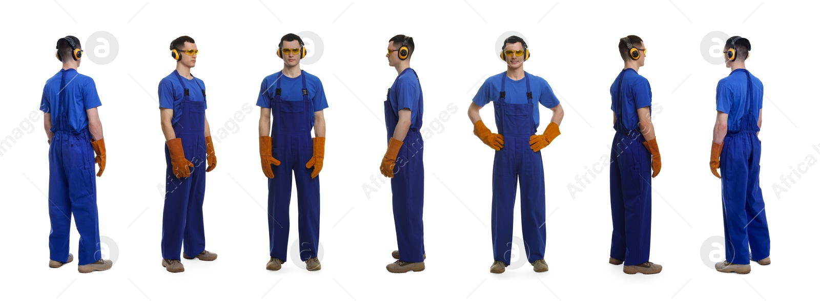 Image of Man in workwear on white background, collage of photos