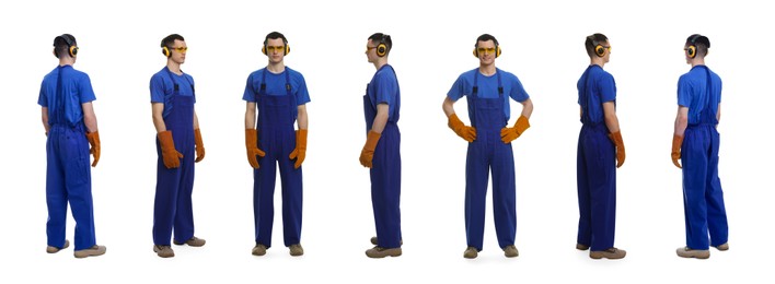 Man in workwear on white background, collage of photos