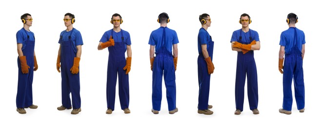 Image of Man in workwear on white background, collage of photos