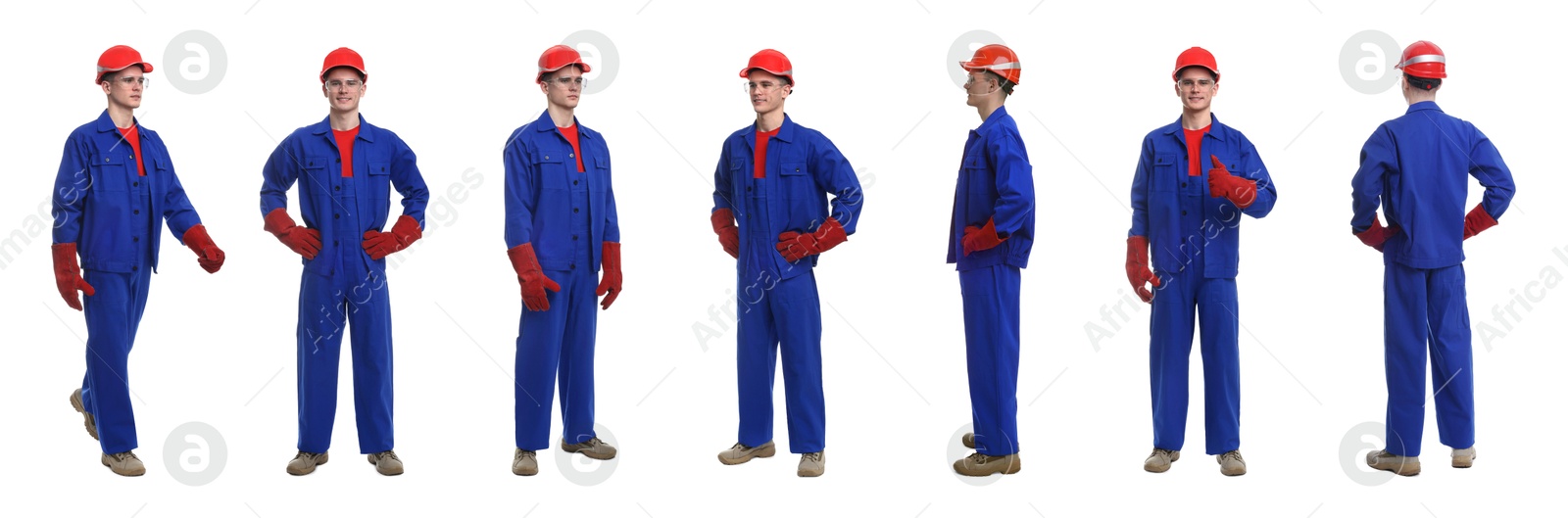 Image of Man in workwear on white background, collage of photos