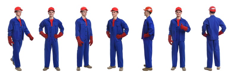 Image of Man in workwear on white background, collage of photos