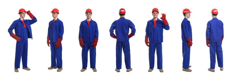 Image of Man in workwear on white background, collage of photos