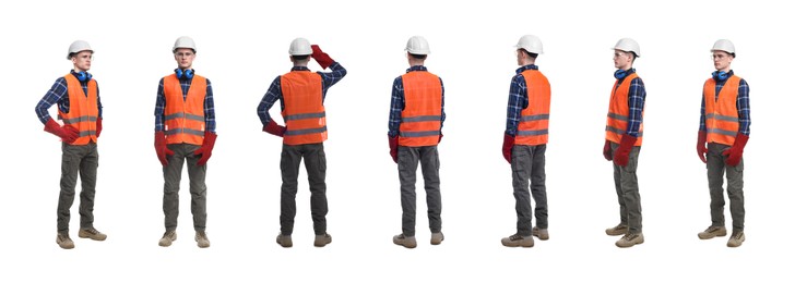 Image of Man in workwear on white background, collage of photos