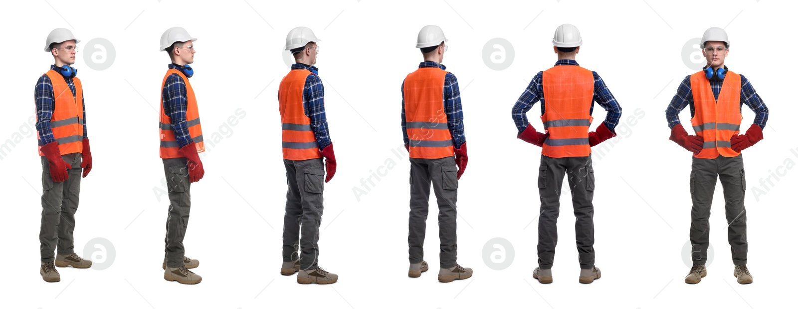 Image of Man in workwear on white background, collage of photos