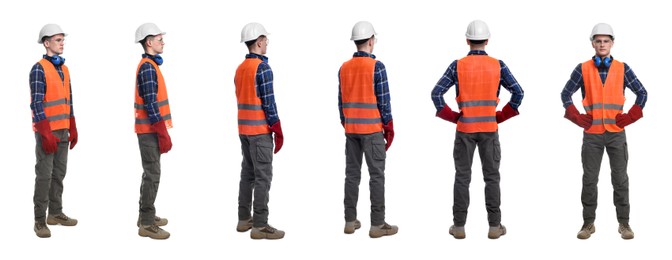 Image of Man in workwear on white background, collage of photos