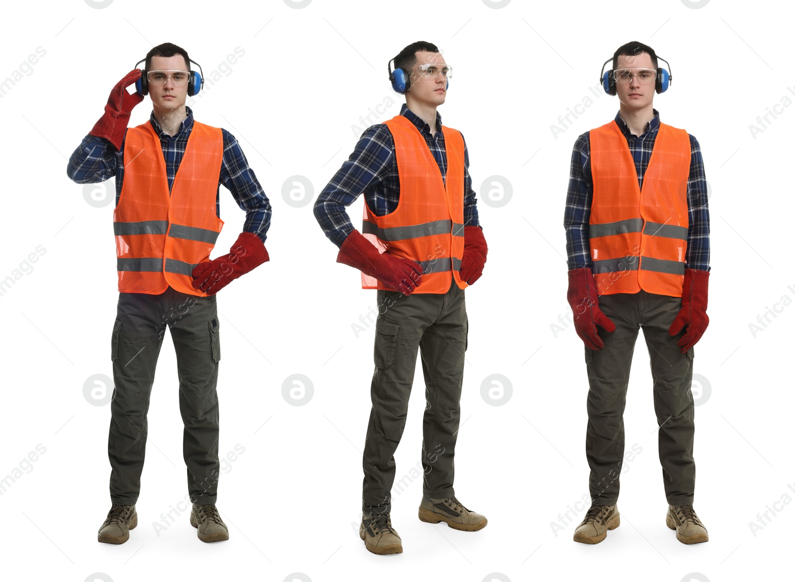 Image of Man in workwear on white background, collage of photos