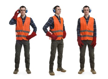 Man in workwear on white background, collage of photos