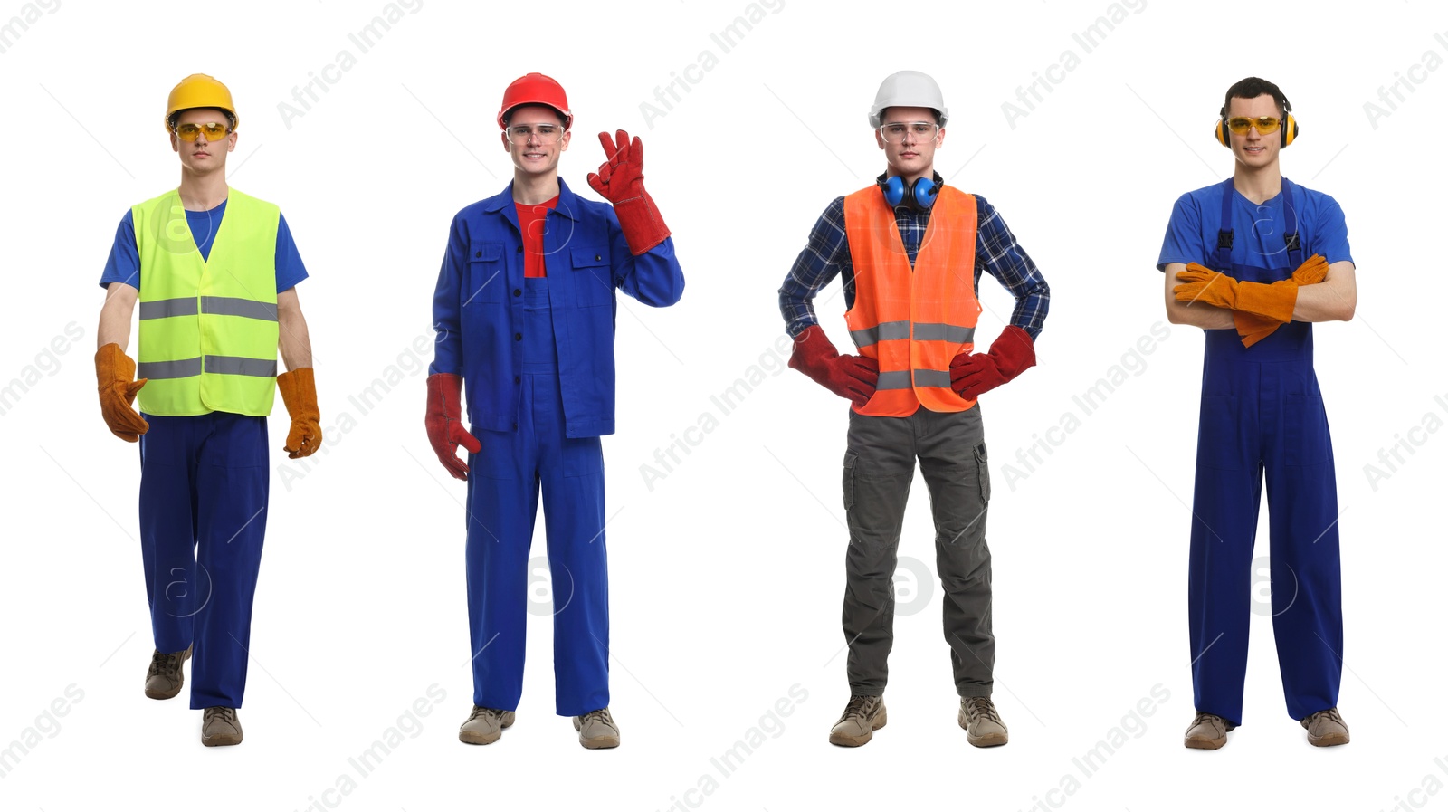 Image of Man in different workwear on white background, collage or photos