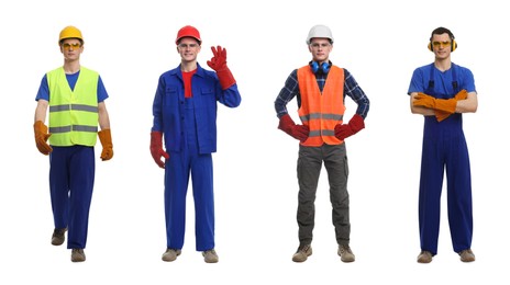 Image of Man in different workwear on white background, collage or photos