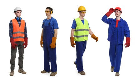 Image of Man in different workwear on white background, collage or photos