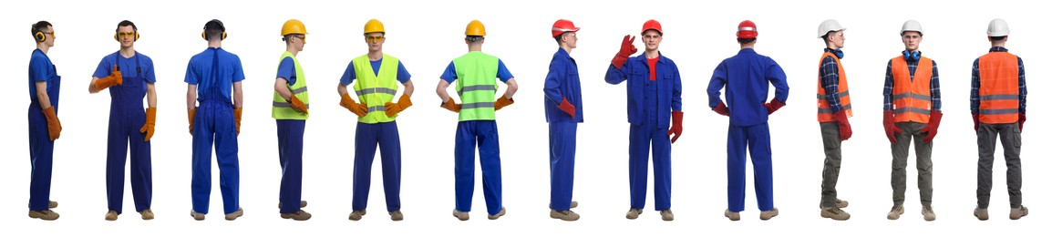 Man in different workwear on white background, collage or photos