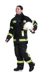 Full length portrait of firefighter in uniform with helmet on white background