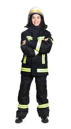 Full length portrait of firefighter in uniform and helmet on white background