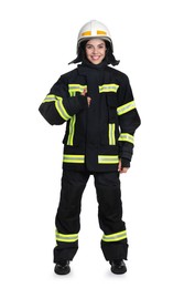 Full length portrait of firefighter in uniform and helmet on white background