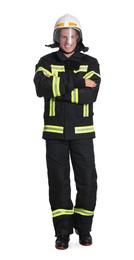 Photo of Full length portrait of firefighter in uniform and helmet on white background