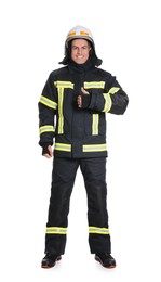 Full length portrait of firefighter in uniform and helmet on white background