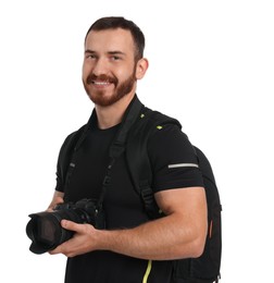 Photo of Photographer with backpack and camera on white background