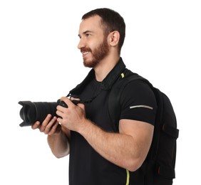 Photo of Photographer with backpack and camera on white background