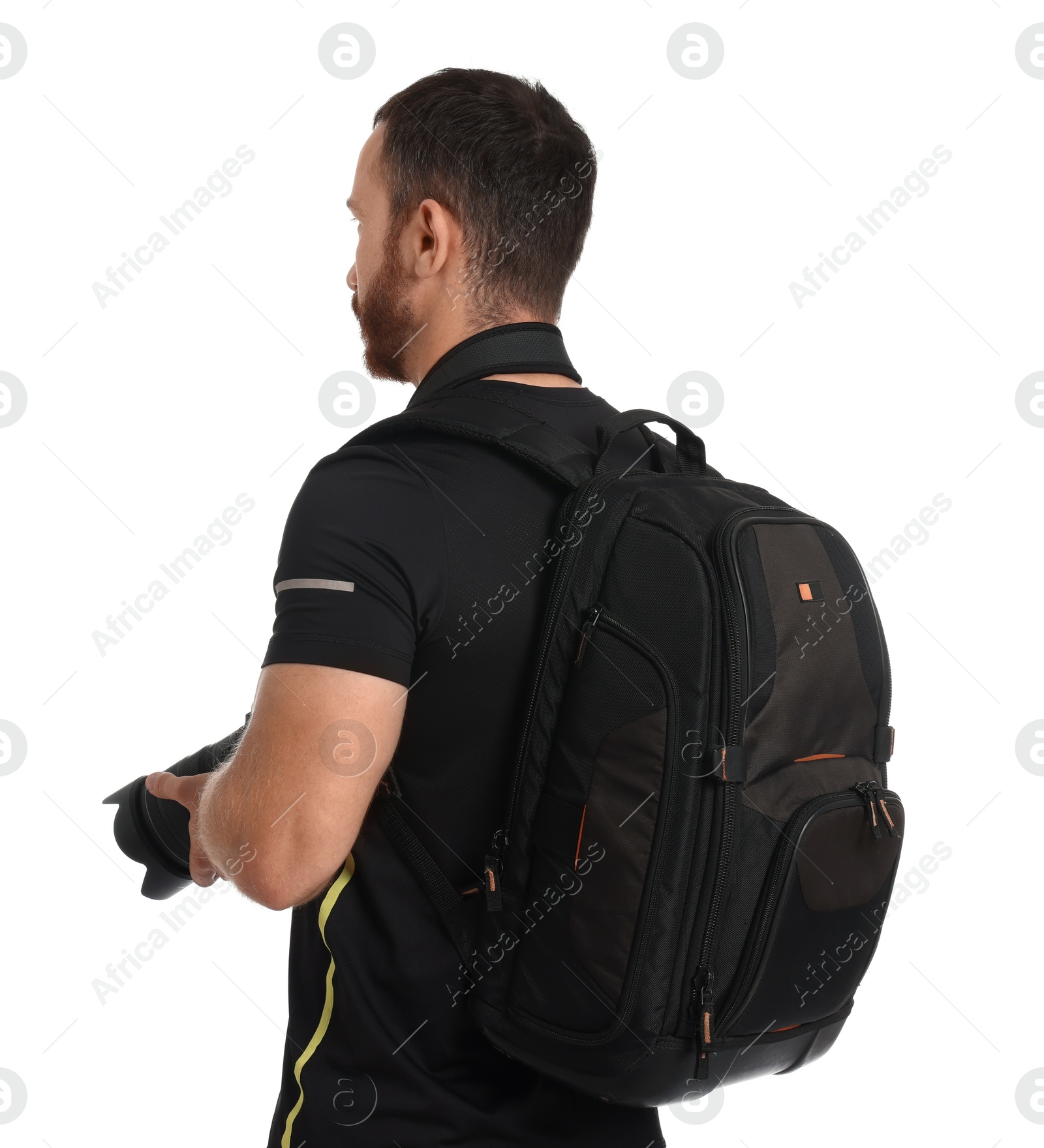 Photo of Photographer with backpack and camera on white background, back view