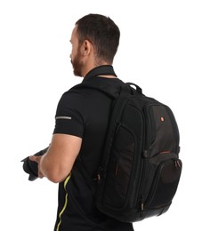 Photographer with backpack and camera on white background, back view