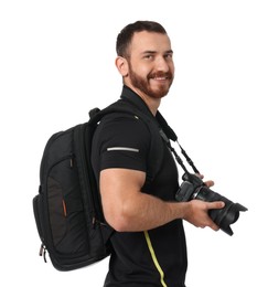 Photographer with backpack and camera on white background