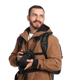 Photo of Photographer with backpack and camera on white background