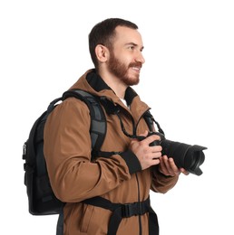 Photographer with backpack and camera on white background