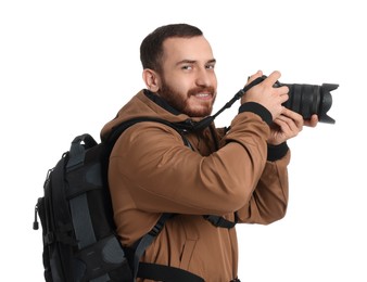 Photo of Photographer with backpack and camera on white background