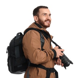 Photo of Photographer with backpack and camera on white background