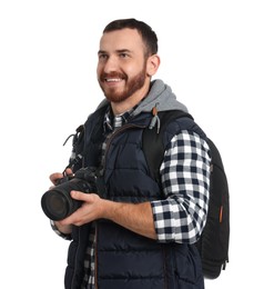 Photo of Photographer with backpack and camera on white background