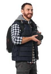 Photographer with backpack and camera on white background