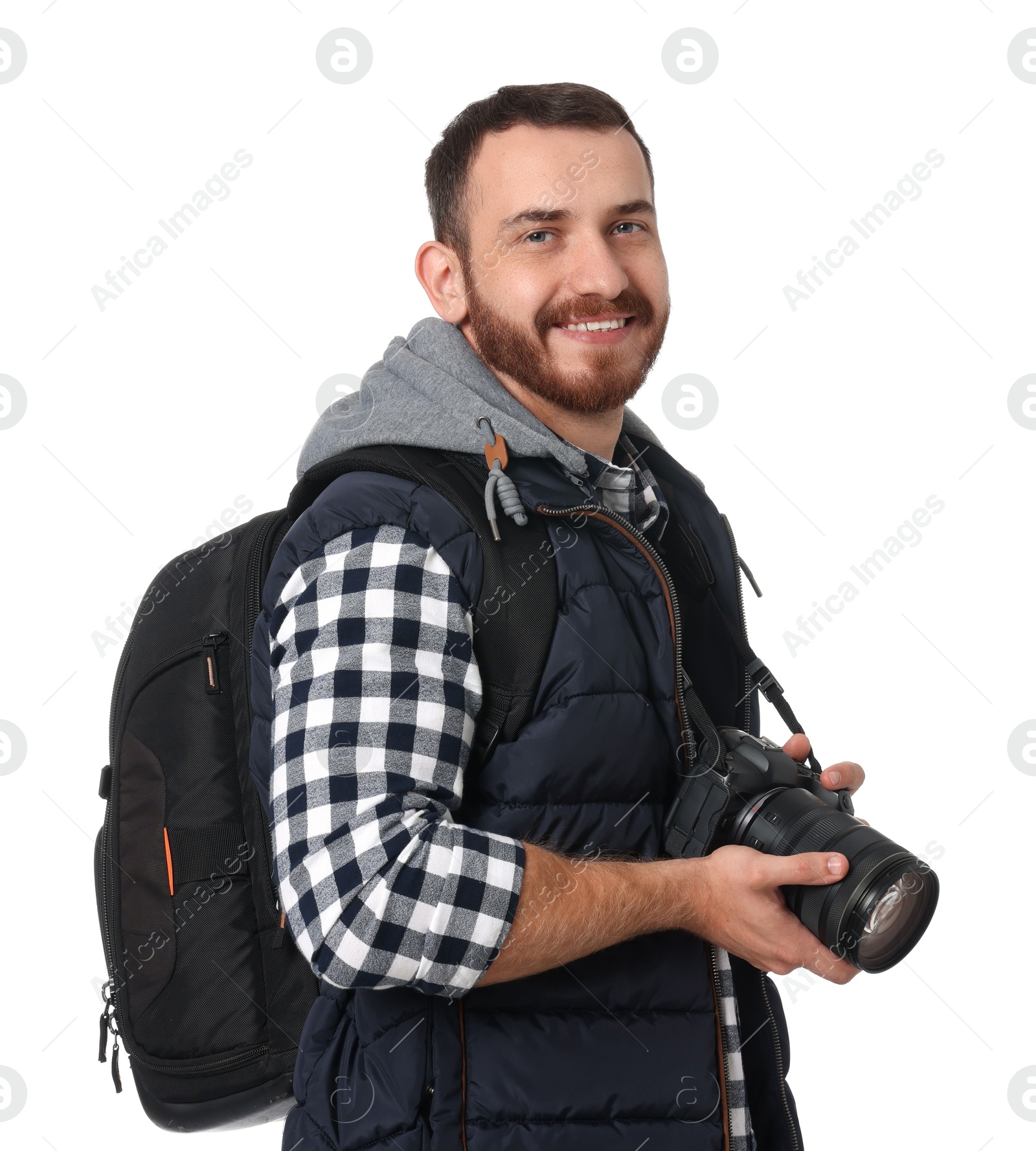 Photo of Photographer with backpack and camera on white background