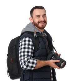 Photographer with backpack and camera on white background