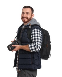 Photographer with backpack and camera on white background