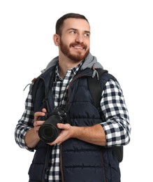 Photographer with backpack and camera on white background