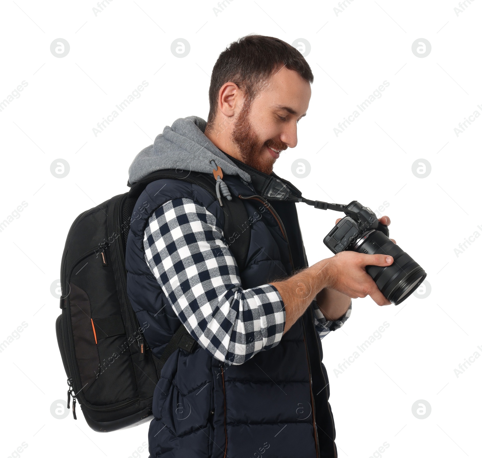 Photo of Photographer with backpack and camera on white background