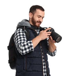 Photo of Photographer with backpack and camera on white background