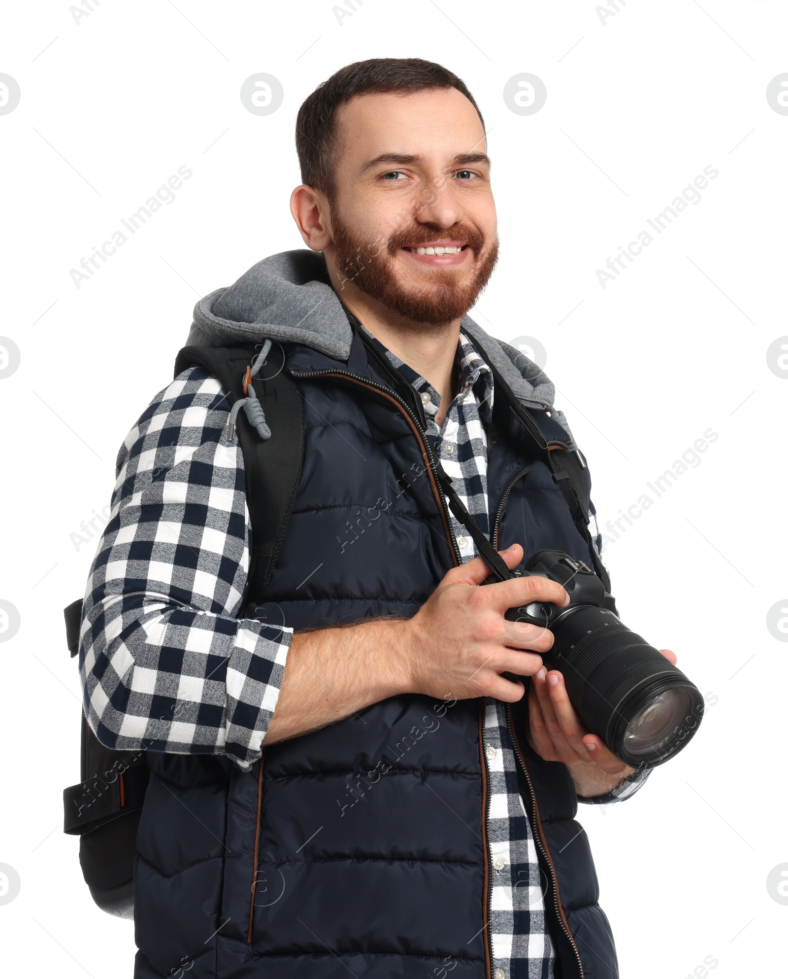 Photo of Photographer with backpack and camera on white background