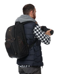 Photo of Photographer with backpack and camera on white background, back view