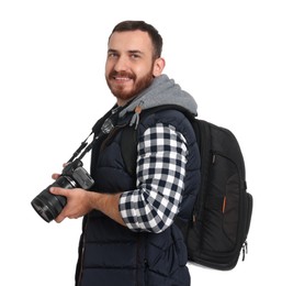 Photographer with backpack and camera on white background