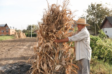 Senior man in straw hat with pile of hay outdoors